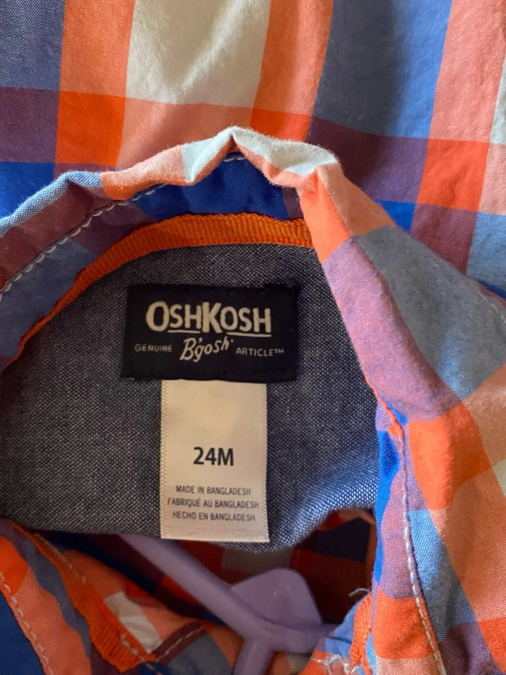 OshKosh B'gosh Orange and Blue Plaid Baby Button-Up. New. 24M